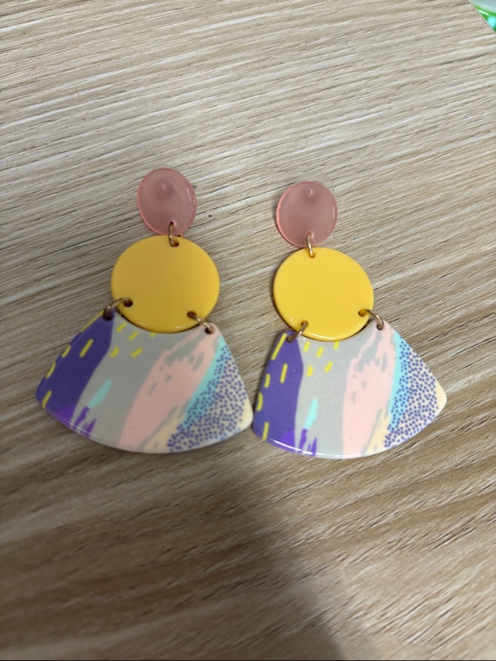 Plunder Pink, Yellow & Purple Abstract Fan Drop Earrings